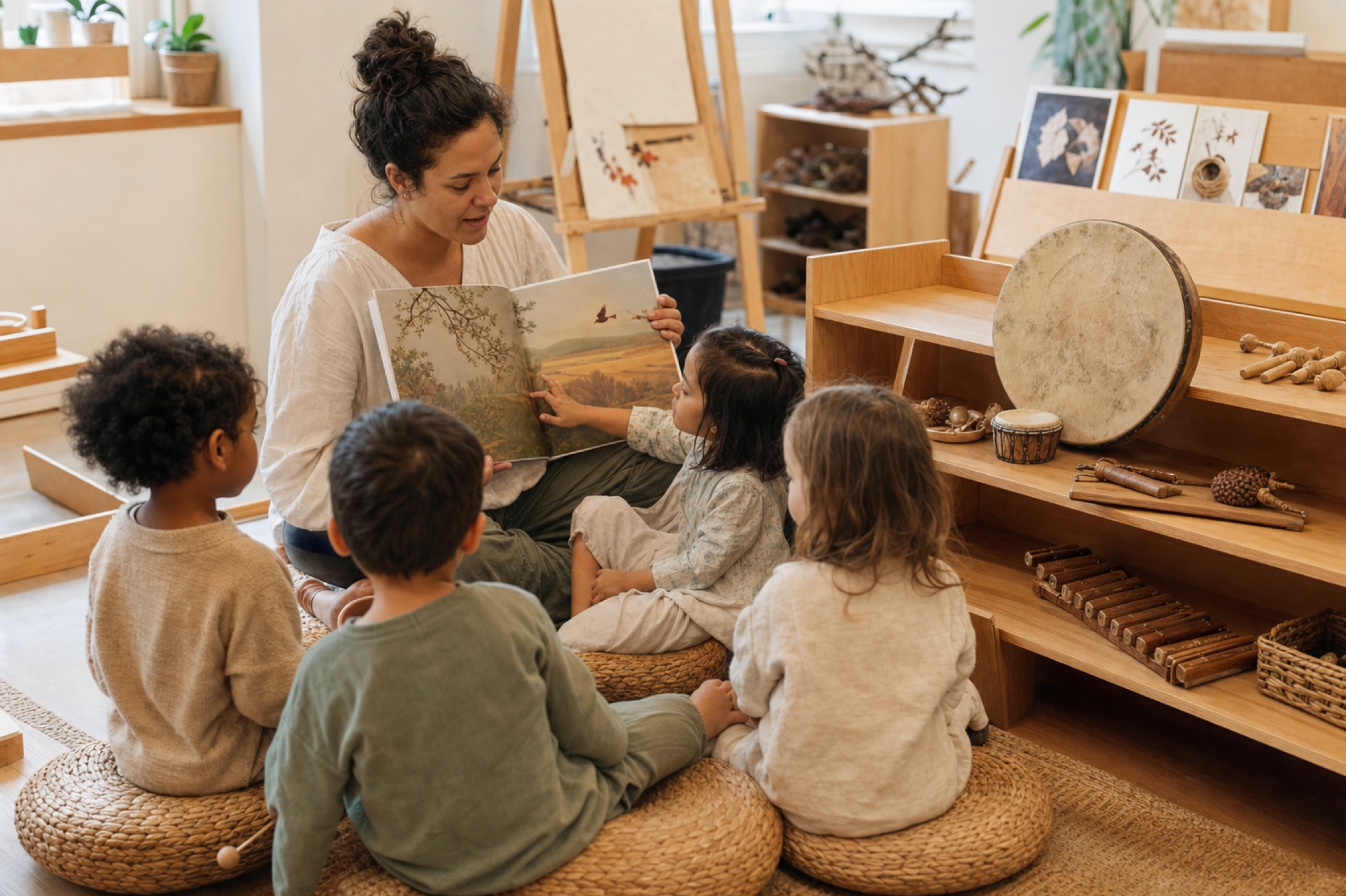 An educator sharing a picture book beside a station of child-size drums and natural wooden rhythm instruments